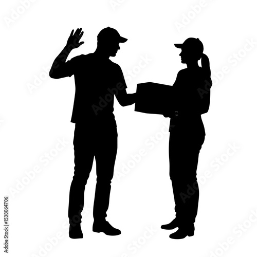Courier waving goodbye after delivery handoff, black and white silhouette on white background