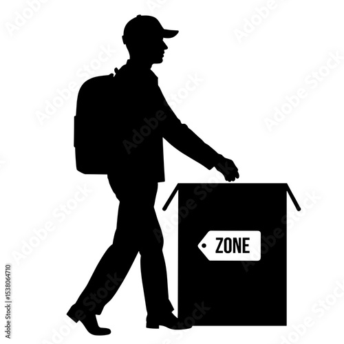 Silhouette of courier tagging package on white background, delivery logistics efficiency