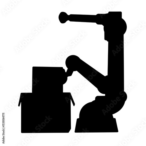 Silhouette of robotic arm placing parcel in box, modern logistics innovation