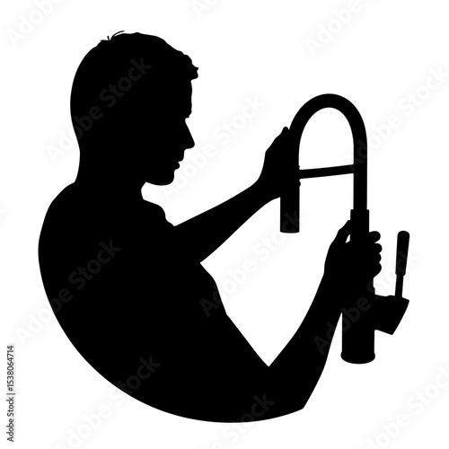Silhouette of person adjusting water faucet, eco-friendly plumbing concept