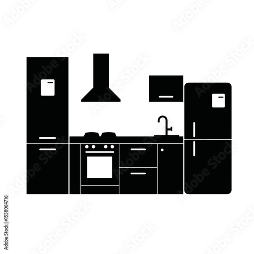 Black and white kitchen silhouette with appliances on white, modern home design