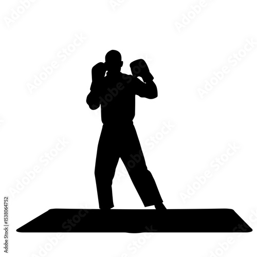Silhouette of person shadow boxing on mat, fitness and exercise concept