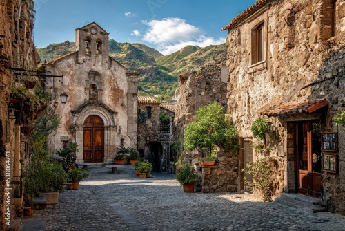 Sunlit cobblestone street in a historic, mountainous village. Stone buildings, a small church, and potted plants line the narrow pathway, creating a picturesque, rustic scene
