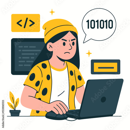 Flat-style vector illustration of a female software developer focused on coding with floating symbols and UI screens, working on a laptop in a modern cartoon design