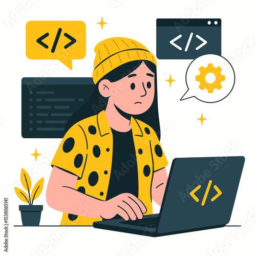 Flat-style vector illustration of a female software developer focused on coding with floating symbols and UI screens, working on a laptop in a modern cartoon design