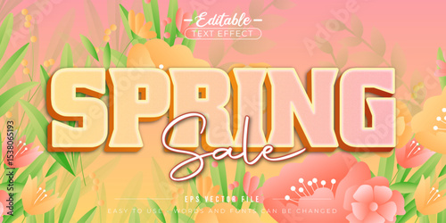 Editable text effects, spring sale text with elegant colorful flowers.