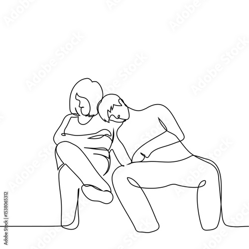 male passenger fell asleep on shoulder of female neighbor in public transport or in line - one line art vector. concept friends waiting long time sitting next to each other, strangers