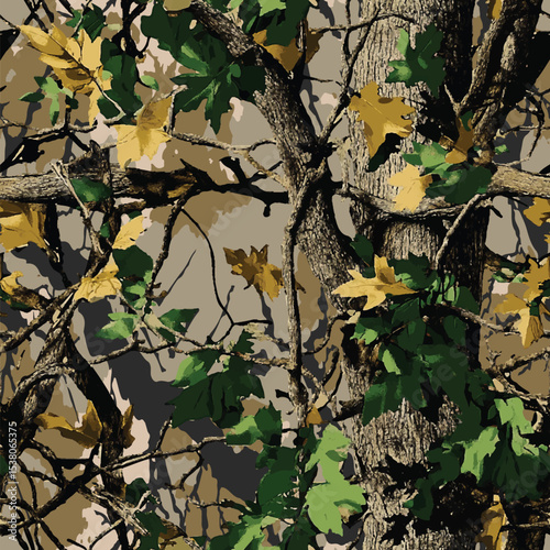 Vector hunting camouflage seamless pattern design. Camouflage background. Deer hunting, forest, jungle texture. Realistic tree seamless pattern. Digital camouflage 