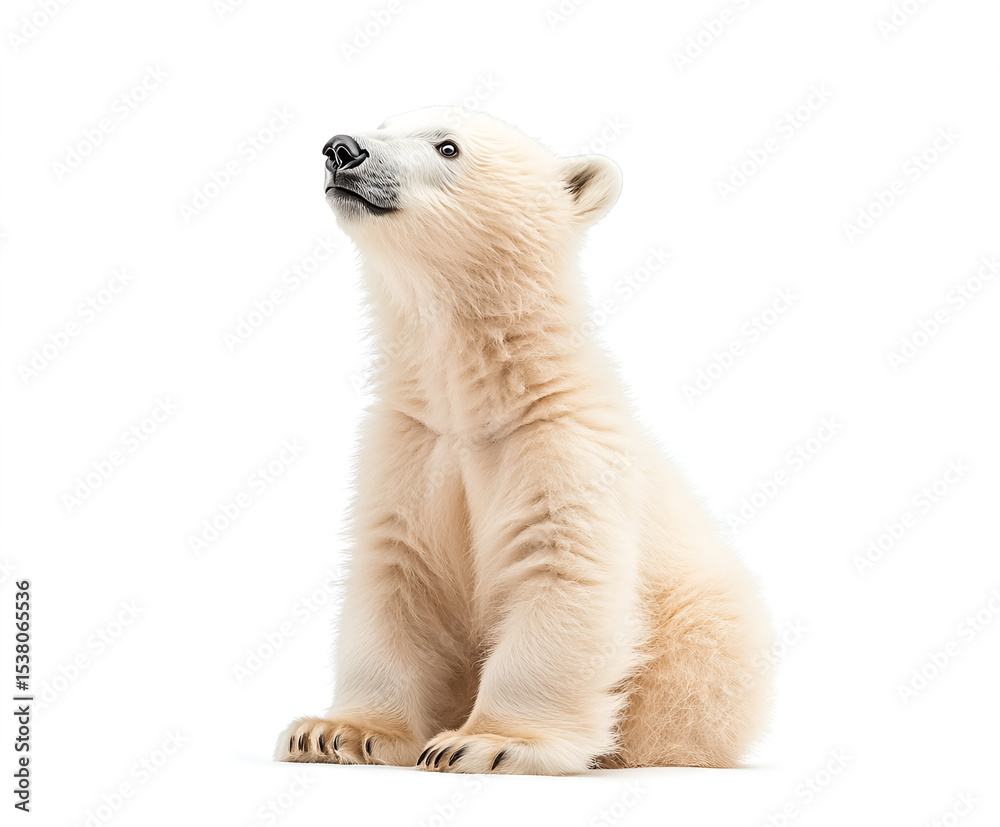 Fototapeta premium Close-up portrait of a cute brown bear cub, a young mammal sitting isolated on a white studio background
