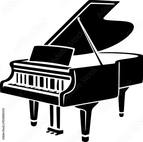 Grand Piano SVG Vector Artwork. Black and White Piano Silhouette. Musical Instrument Monochrome Stencil
