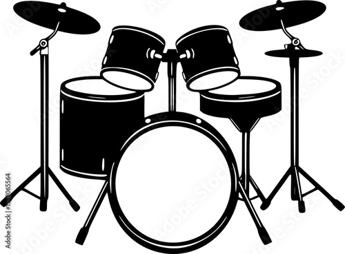 Drum Kit Vector SVG. Musical Instrument Silhouette Graphic. Black and White Monochrome Digital Artwork. Web Design or Branding Emblem