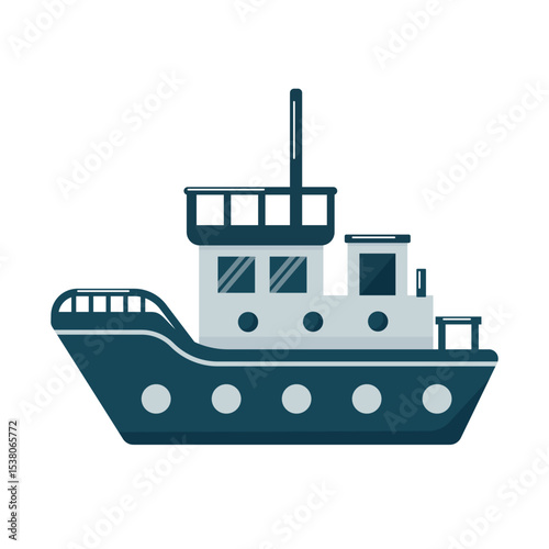 Sea fishing vessel. Boat, ship, marine transport drawing isolated on white. Transport, travel, fishing industry concept. Vector.