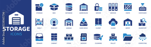Storage - Icon Collection. Thin Line Set contains such Icons as Storage, Box, Container, Bin, File, Folder, Cabinet and more. Simple web icons set.
