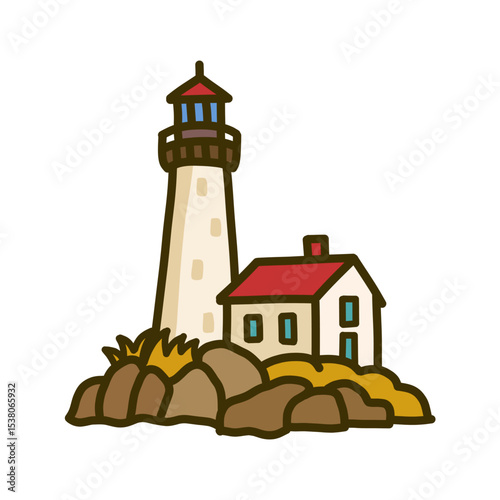 Cartoon Lighthouse and House on Rocky Coastline with Brown Outline