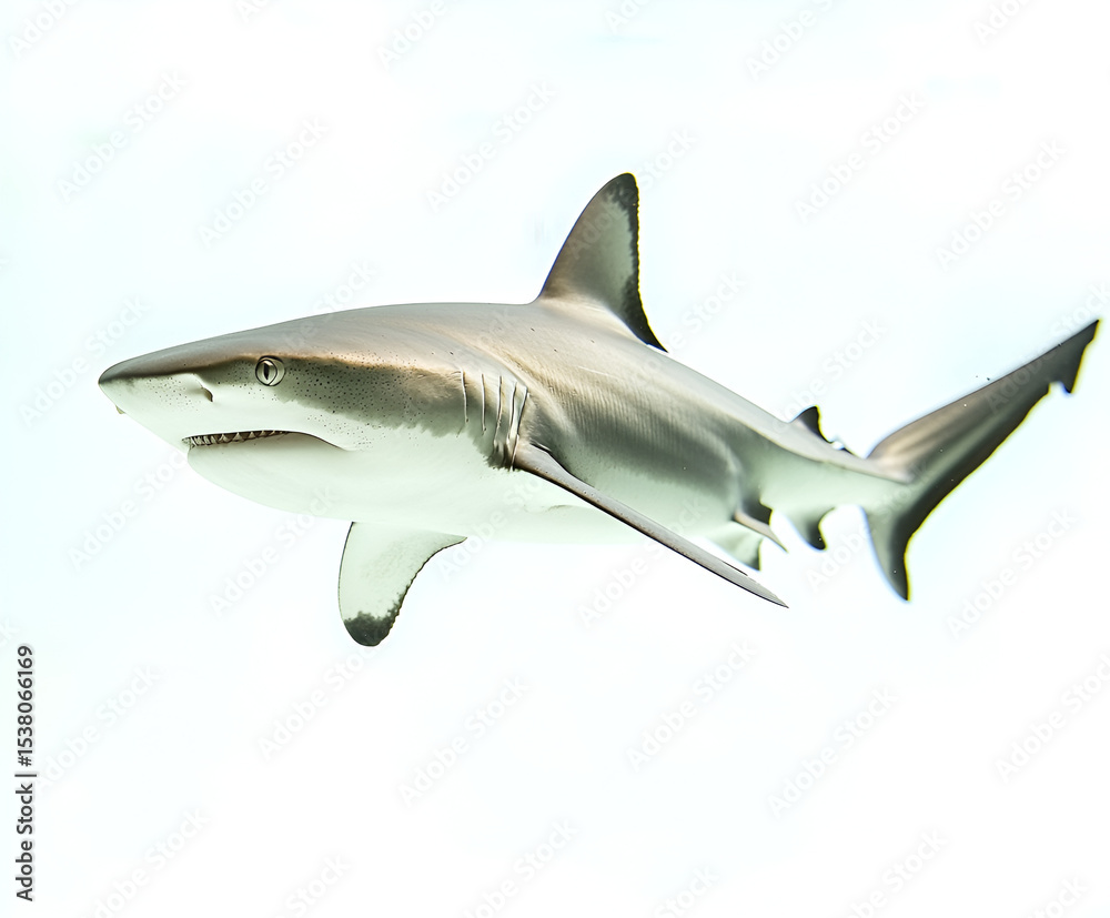 Obraz premium A sleek, grey shark swims gracefully against a bright white background, showcasing its form.