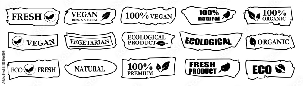 Obraz premium Hand-drawn eco label collection with inscriptions like vegan, fresh, ecological, and 100% natural. Black outline vector badges with torn paper effect for organic branding and packaging.