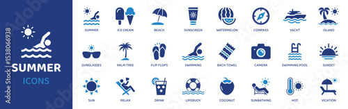 Summer - Icon Collection. Thin Line Set contains such Icons as Summer, Sun, Beach, Vacation, Swim, Sand, Icecream and more. Simple web icons set.