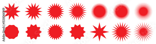 Set of red starburst, sunburst badges. Design elements - best for sale sticker, price tag, quality mark. Flat vector illustration isolated on white background.