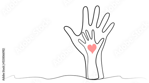 continuous drawing of hands in one line. big and small hand with heart in the middle.