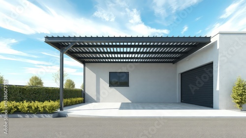Residential exterior view showcases a modern carport design with a sleek garage under a bright sky