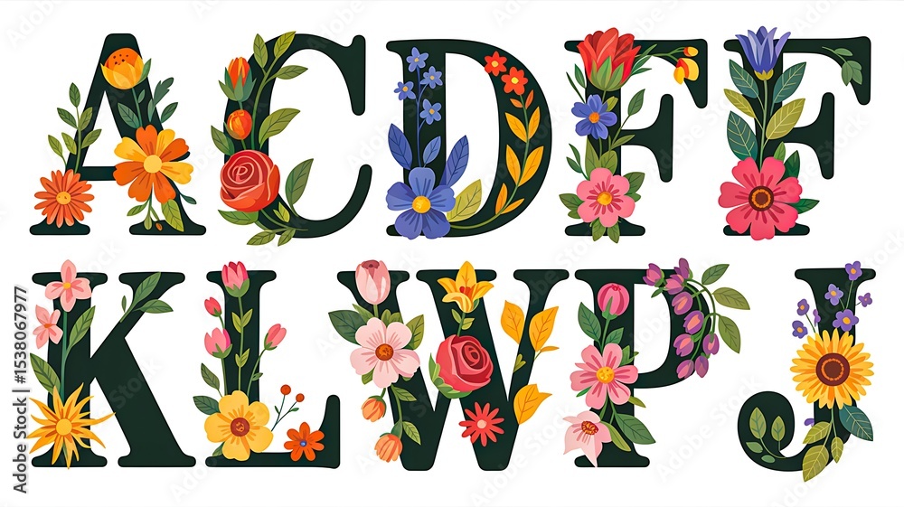 Obraz premium Elegant floral letters decorated with various blooming flowers and leaves, romantic font style