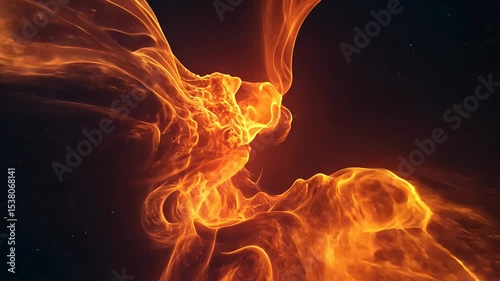 Abstract fiery patterns swirl with vibrant orange and red hues on a dark background.