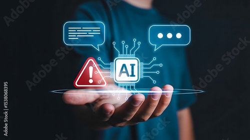 Artificial intelligence warning hologram above hand showing ai danger and technology risk
