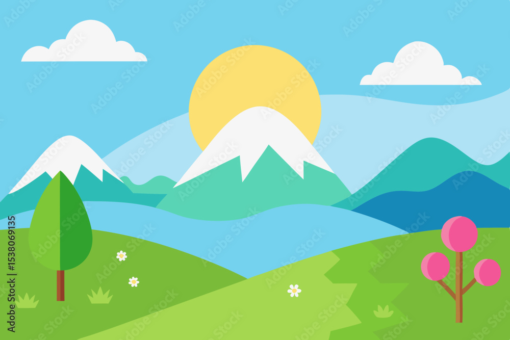 Fototapeta premium Cartoon spring landscape with mountain and path
