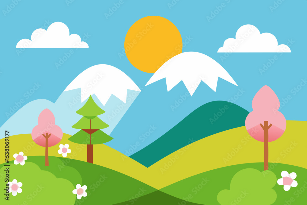Naklejka premium Cartoon spring landscape with mountain and path