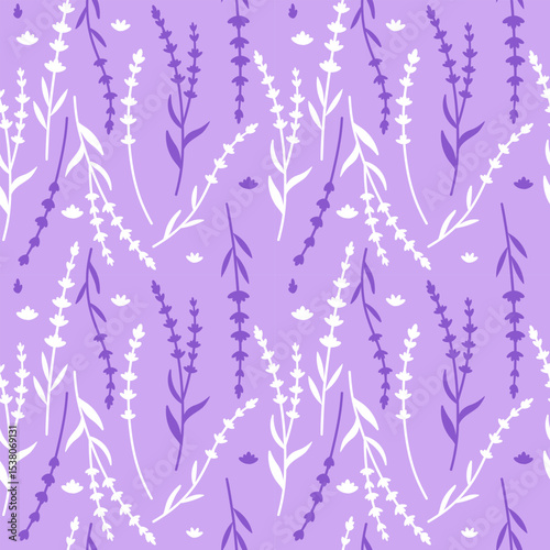 Lavender seamless pattern with flowers . Floral background. Provence design with lavender. Hand drawn vector illustration for textile, wrapping paper, clothing, packaging.