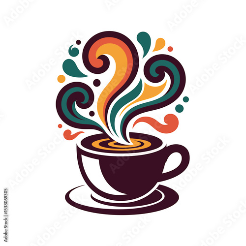 A Stylized Digital Illustration of a Coffee Cup with Colorful Swirling Steam
