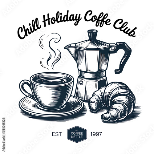 Vintage Coffee Club Illustration Cozy Holiday Brew with Croissant