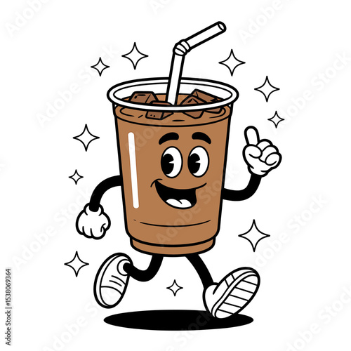 A-Black-and-White Cartoon Illustration of a Happy Iced Coffee Cup Running