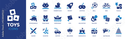 Toys - Icon Collection. Thin Line Set contains such Icons as Toy, Teddy, Doll, Puzzle, Ball, Cube, Train and more. Simple web icons set.