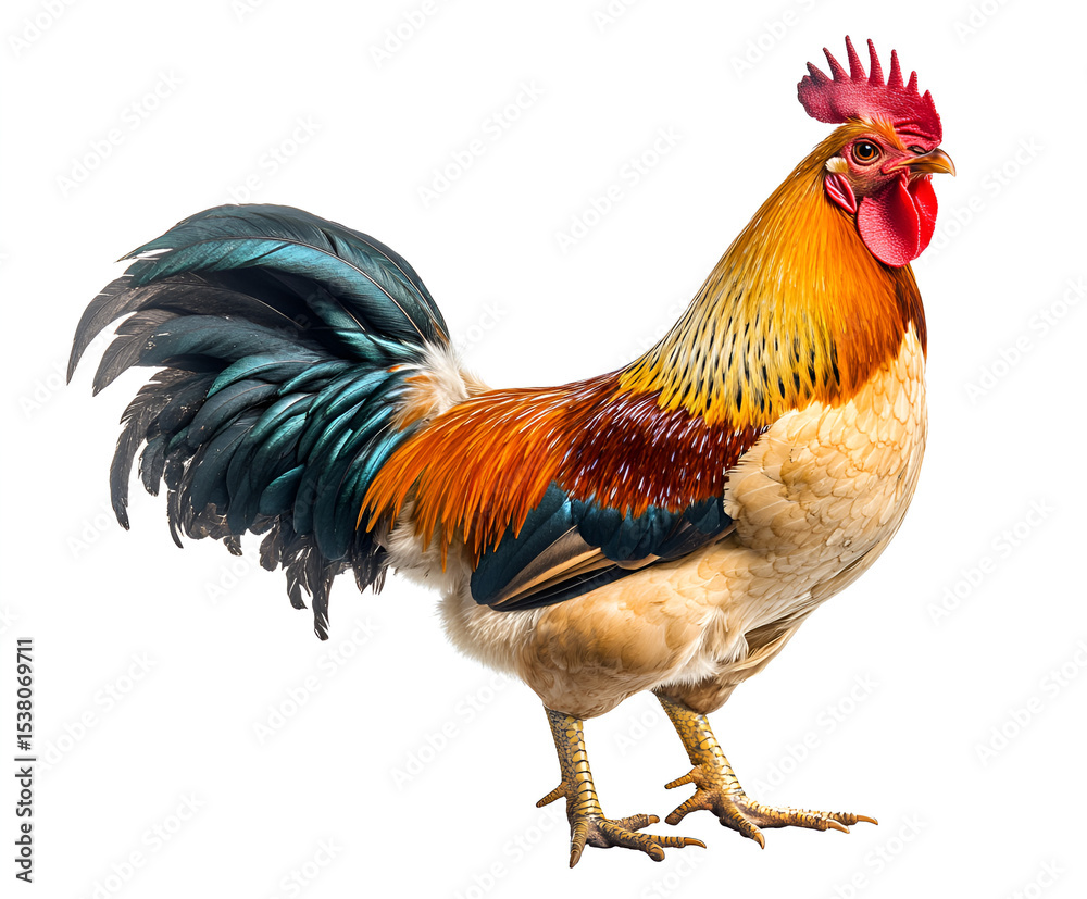 Fototapeta premium Red farm rooster or chicken, isolated on a white background, featuring a colorful comb and feather details