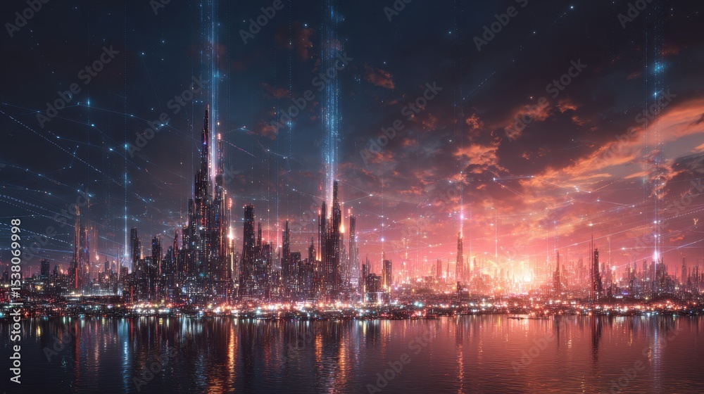 Futuristic Cityscape with Neon Lights and Reflections on Water Futuristic Cityscape with Neon Lights and Reflections on Water