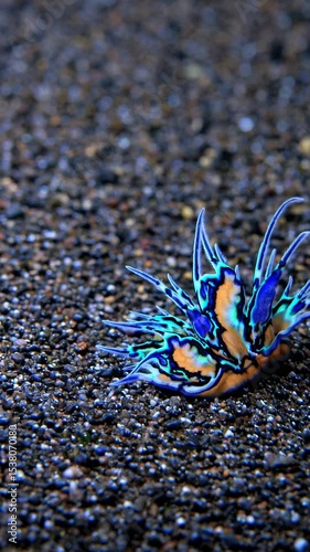 Close-up video angle of a vibrant, colorful sea slug on a textured, pebbly surface, showcasing its intricate patterns and vivid hues. Live mobile wallpaper.