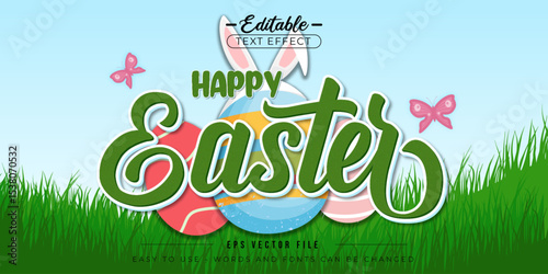 Happy Easter text with colorful eggs, editable text effect.