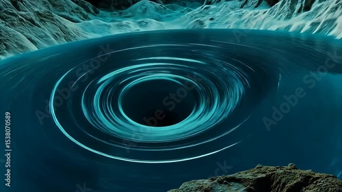 A mesmerizing digital background video representation of a swirling black hole in deep space.