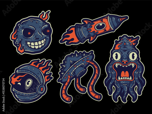 Hand drawn alien space character set illustrations