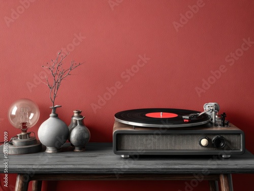 Record player sits on a wooden table next to a vase and a potted plant