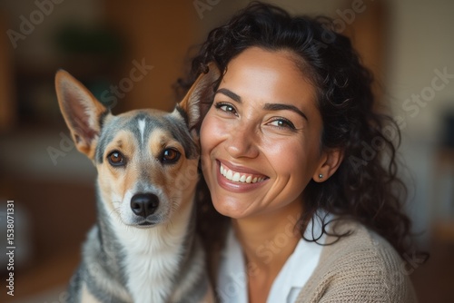 portrait of a beautiful mature hispanic woman smiling with her dog