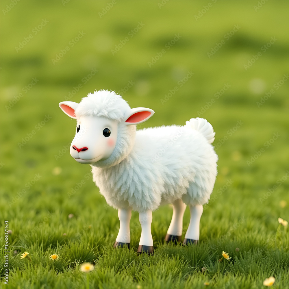 Naklejka premium 3D Style Fluffy White Sheep Standing in a Meadow.