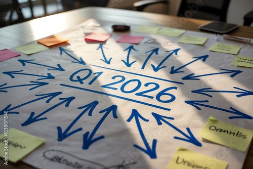 Strategic planning diagram for Q1 2026 with arrows indicating goals and objectives. A creative brainstorming session.