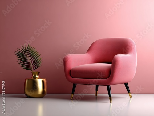 Pink chair sits in next to a gold vase
