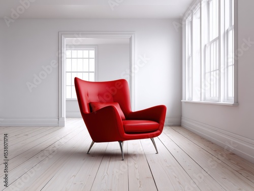 Red chair is sitting in a room with white walls and wooden floors