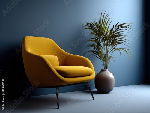 Yellow chair is sitting in front of a blue wall