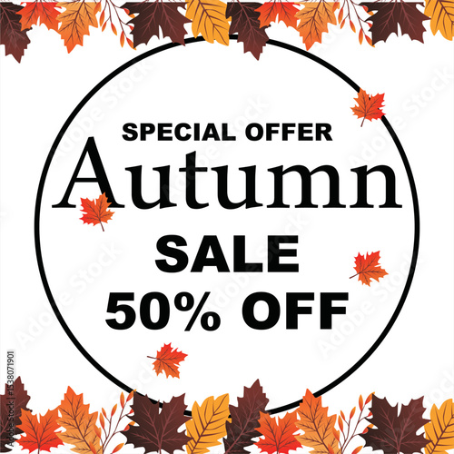 Autumn Sale background, banner, or flyer design. Set of colorful autumn posters with bright beautiful leaves frame, paper cut style letters and lettering. Template for advertising, web, social media