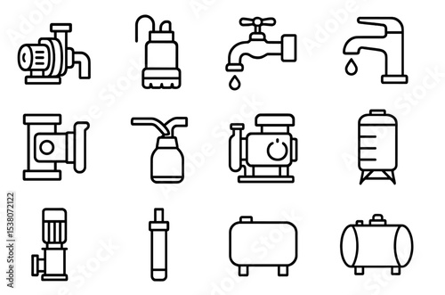 Various plumbing and water equipment icons displayed in a grid suitable for educational and informational purposes