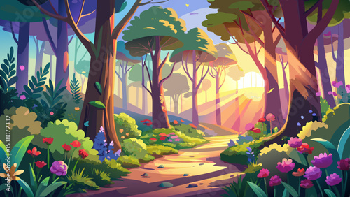 A beautiful spring morning paints the forest floor with light. The landscape feels alive, buzzing with color, filled with fragrant air and vibrant nature in motion.